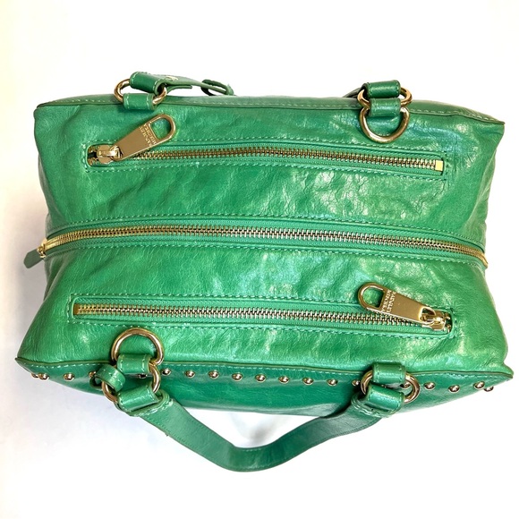 Badgley Mischka Nina Green Leather Studded Satchel Handbag - Picture 7 of 14